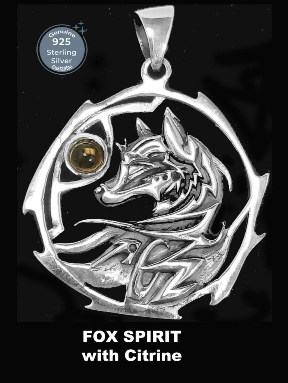 Sterling Silver 925 𝑭𝒐𝒙 𝒔𝒑𝒊𝒓𝒊𝒕 and 𝑪𝒊𝒕𝒓𝒊𝒏𝒆 stone Pendant
